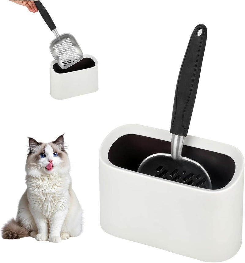Midollarle Heavy-Duty Cat Litter Scoop with Holder, Metal Cat Scooper and Detachable Trash Can,Aluminum Kitty Poop Shovel Captures All Clumps,Speed Sifter Litter Box Scooper and Caddy with Lid(White) - Image 1
